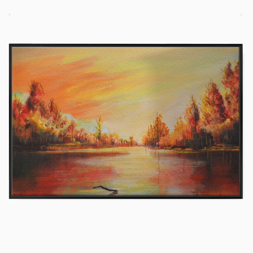 Tablou canvas cu pictura cu peisaj de toamna si lac, in rama de aluminiu negru