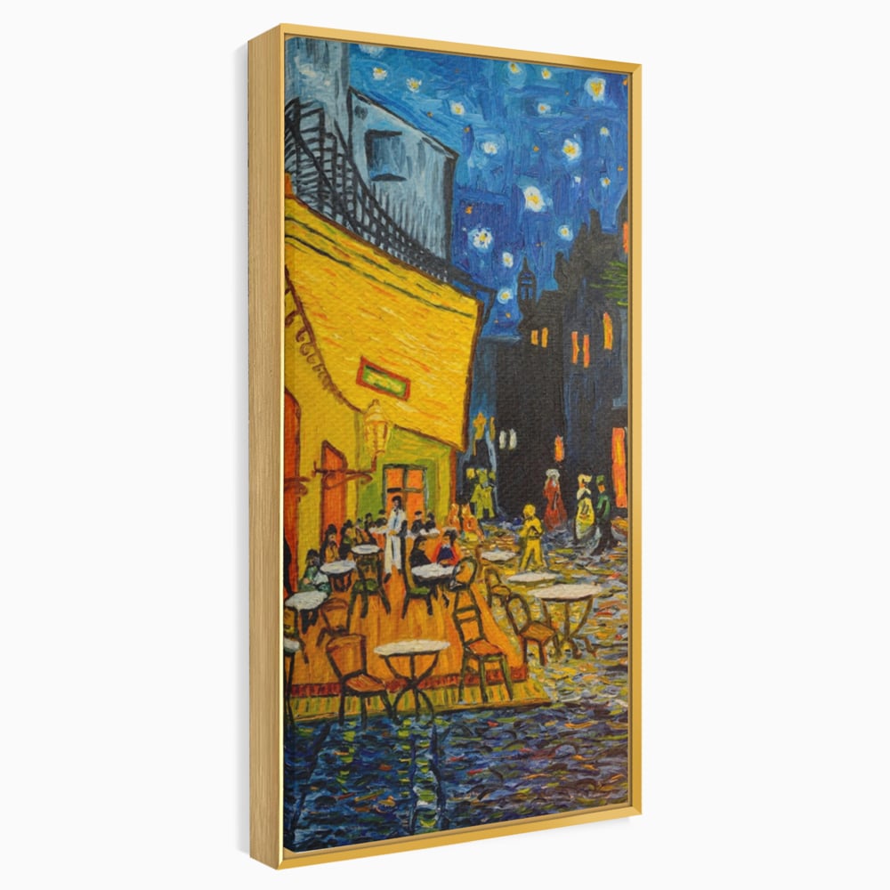 Tablou canvas cu tablou canvas cu terasa unei cafenele noaptea, in rama de aluminiu auriu