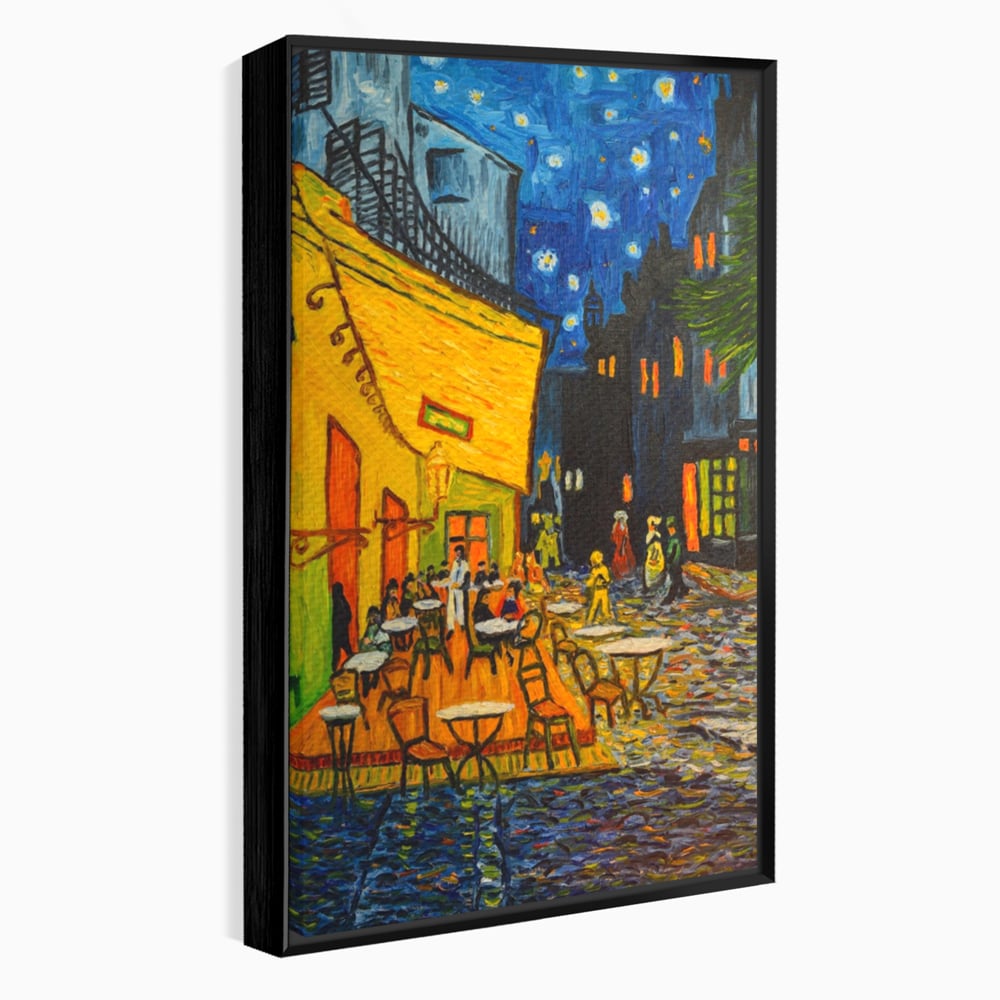 Tablou canvas cu tablou canvas cu terasa unei cafenele noaptea, in rama de aluminiu negru