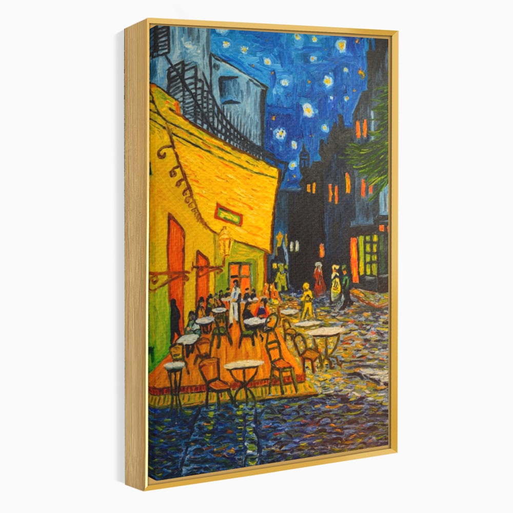 Tablou canvas cu tablou canvas cu terasa unei cafenele noaptea, in rama de aluminiu auriu
