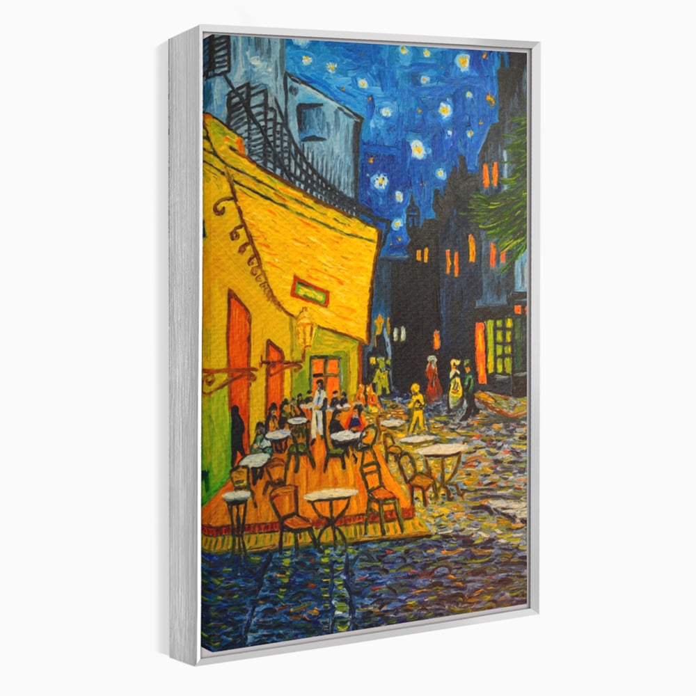 Tablou canvas cu tablou canvas cu terasa unei cafenele noaptea, in rama de aluminiu argintiu