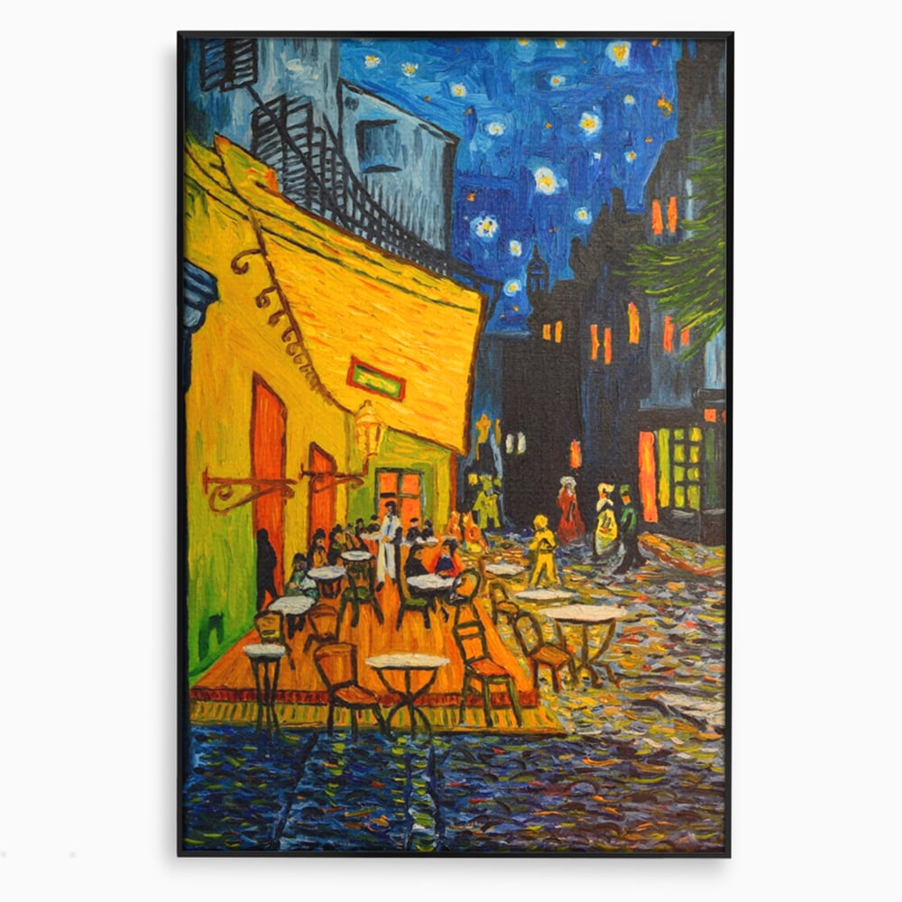 Tablou canvas cu tablou canvas cu terasa unei cafenele noaptea, in rama de aluminiu negru