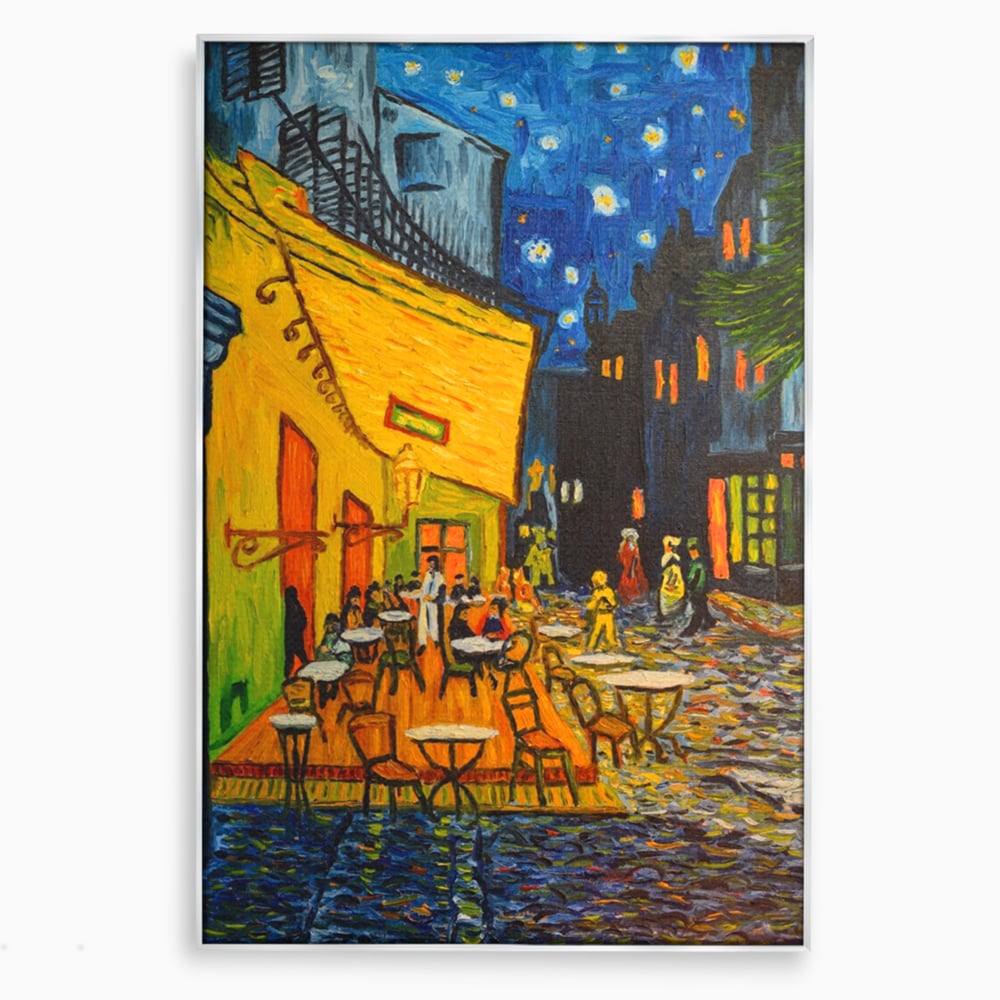 Tablou canvas cu tablou canvas cu terasa unei cafenele noaptea, in rama de aluminiu argintiu