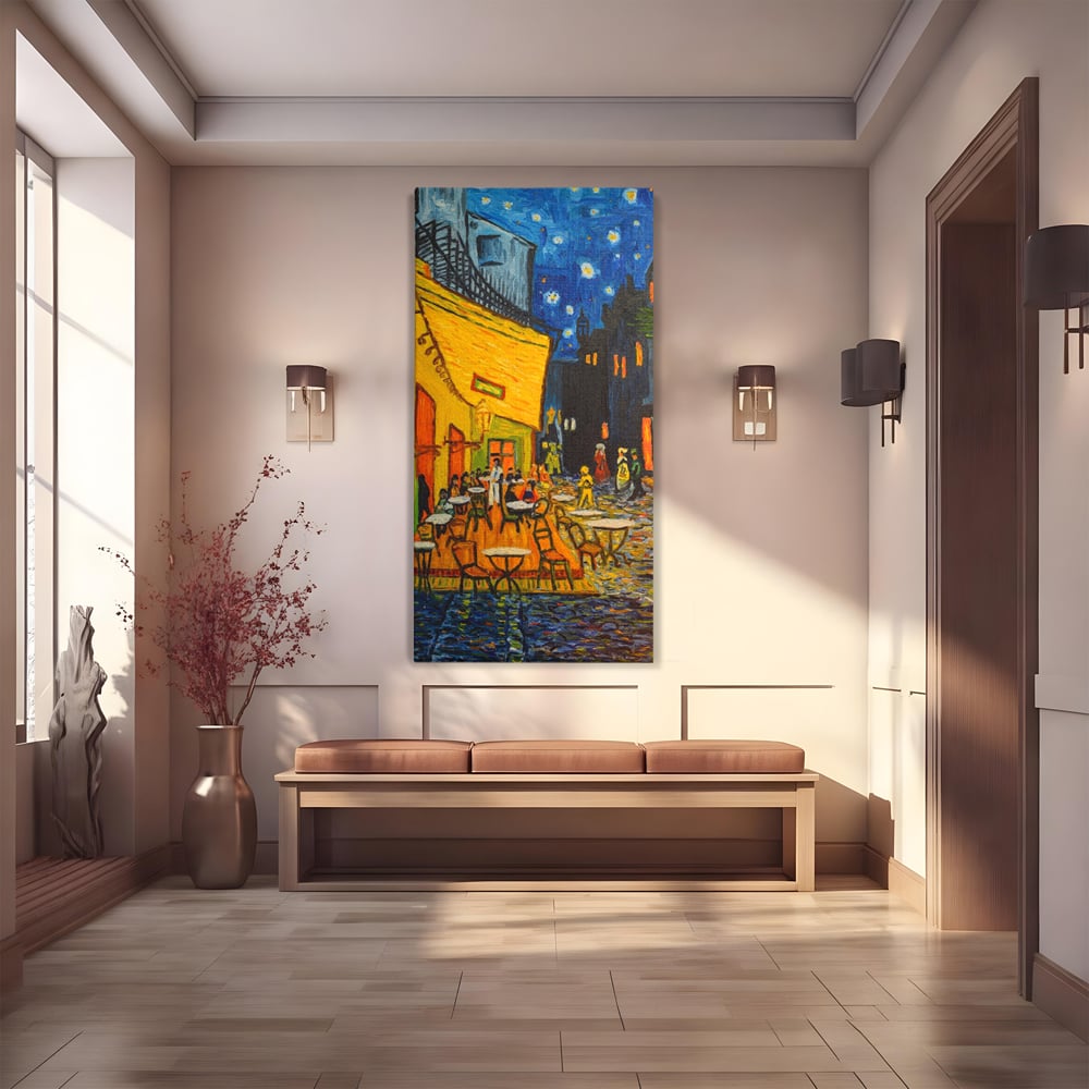 Tablou canvas cu tablou canvas cu terasa unei cafenele noaptea, fara rama, pe sasiu de lemn