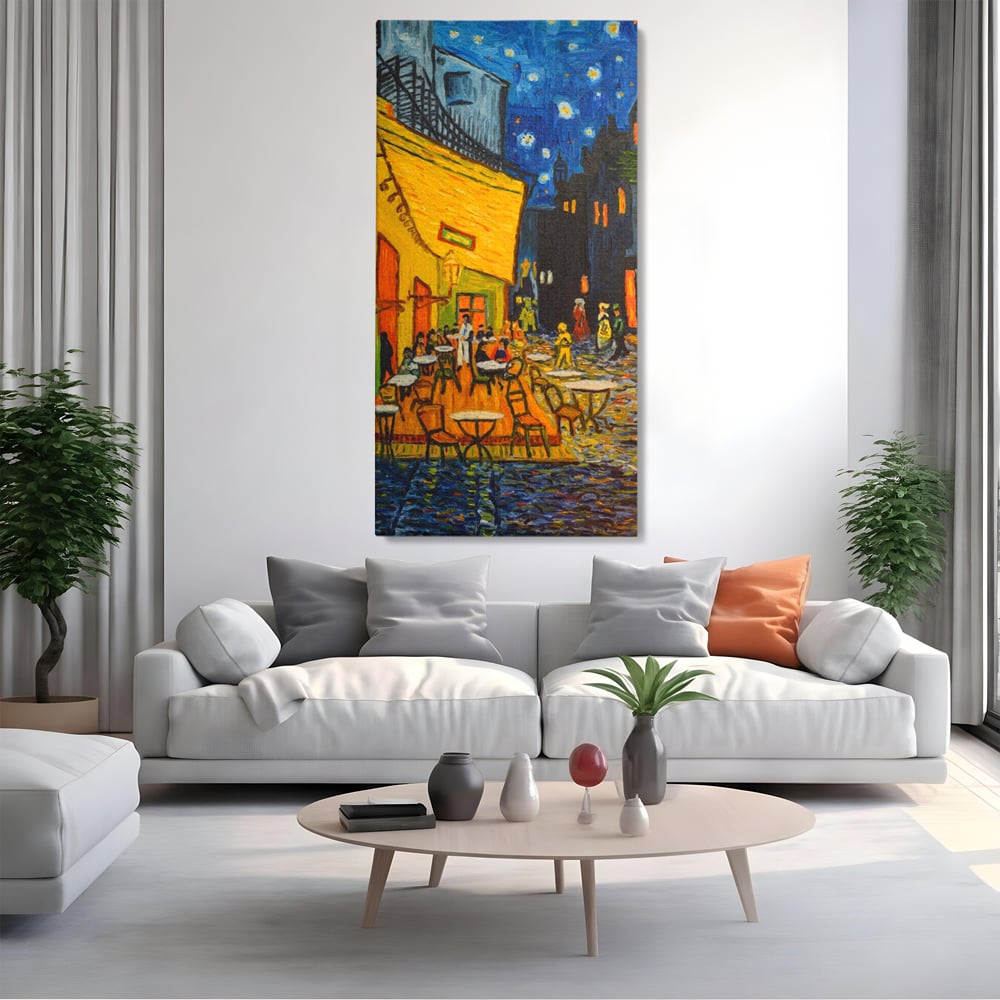 Tablou canvas cu tablou canvas cu terasa unei cafenele noaptea, fara rama, pe sasiu de lemn, pe perete intr-un living