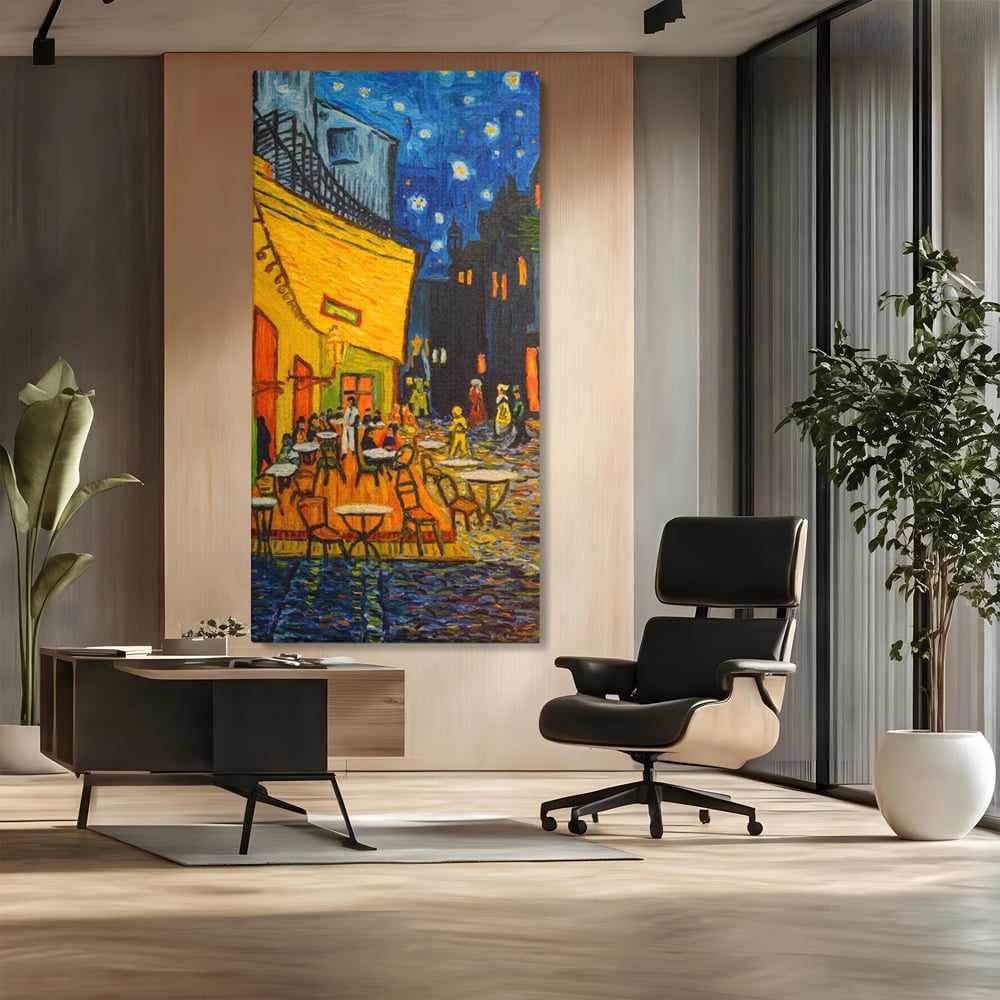 Tablou canvas cu tablou canvas cu terasa unei cafenele noaptea, fara rama, pe sasiu de lemn, pe perete intr-un birou