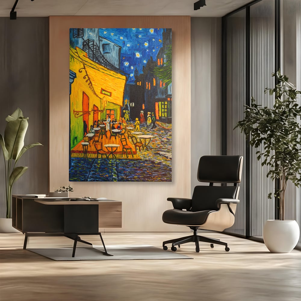 Tablou canvas cu tablou canvas cu terasa unei cafenele noaptea, fara rama, pe sasiu de lemn, pe perete intr-un birou