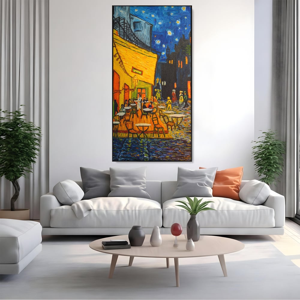 Tablou canvas cu tablou canvas cu terasa unei cafenele noaptea, in rama de aluminiu negru, pe perete intr-un living