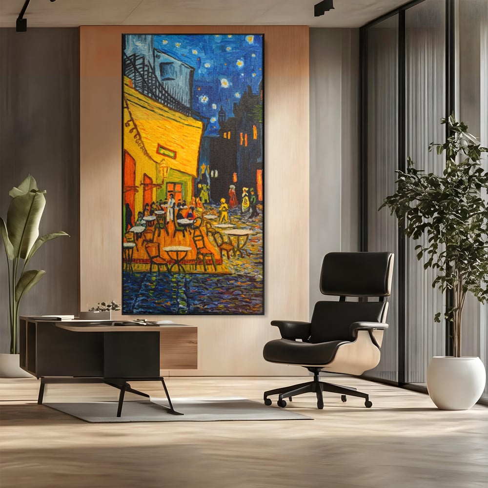 Tablou canvas cu tablou canvas cu terasa unei cafenele noaptea, in rama de aluminiu negru, pe perete intr-un birou