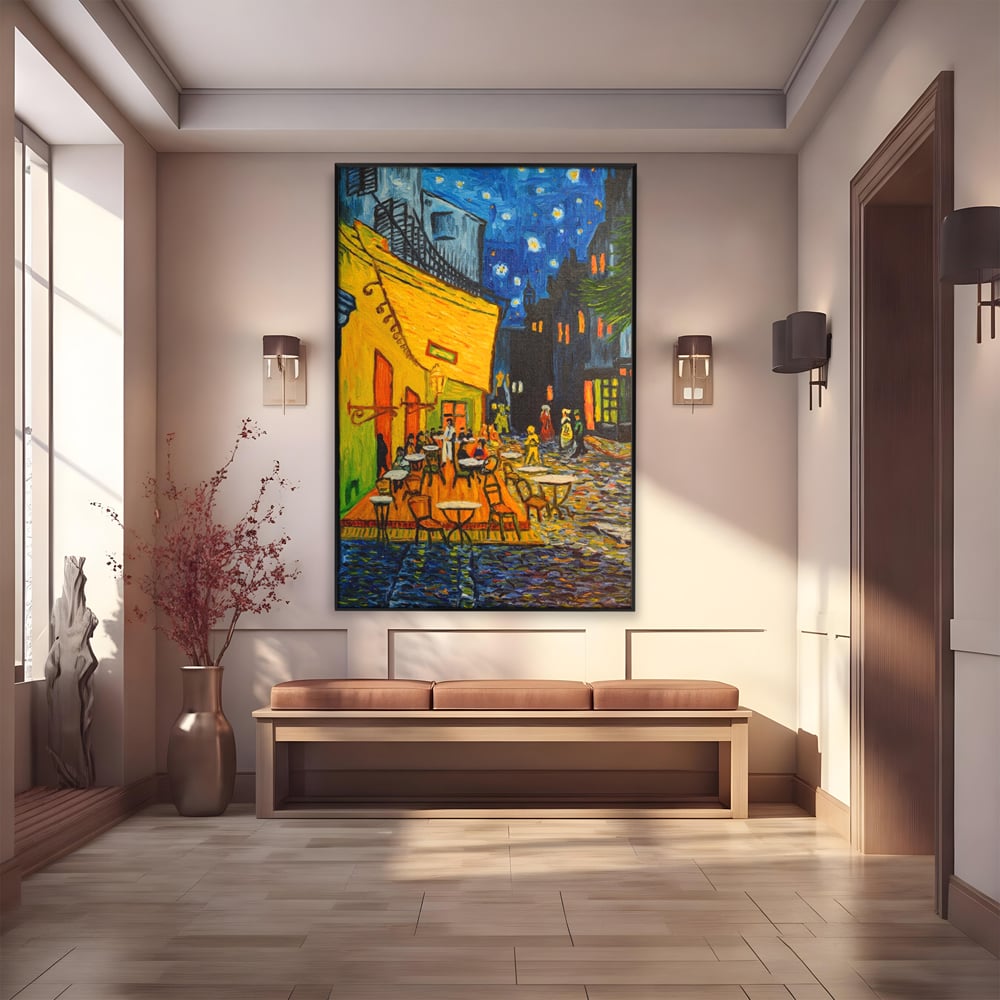 Tablou canvas cu tablou canvas cu terasa unei cafenele noaptea, in rama de aluminiu negru