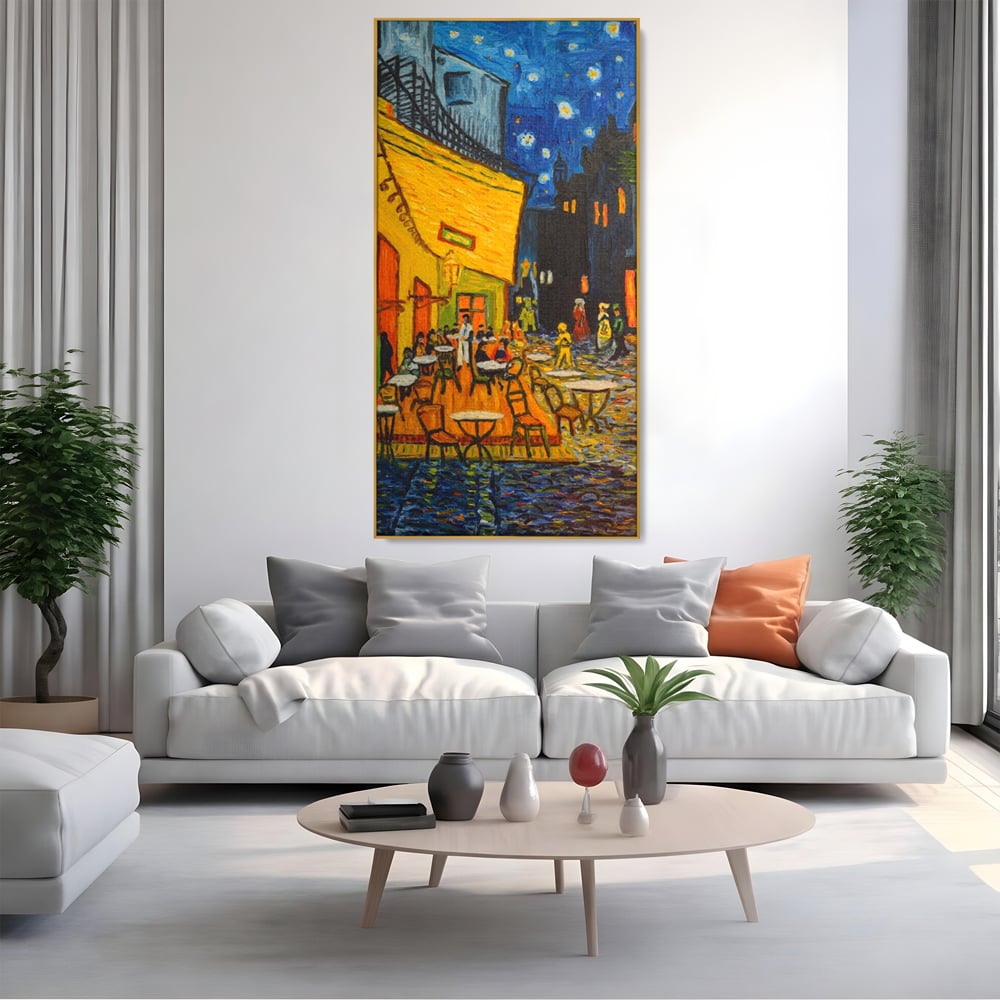 Tablou canvas cu tablou canvas cu terasa unei cafenele noaptea, in rama de aluminiu auriu, pe perete intr-un living