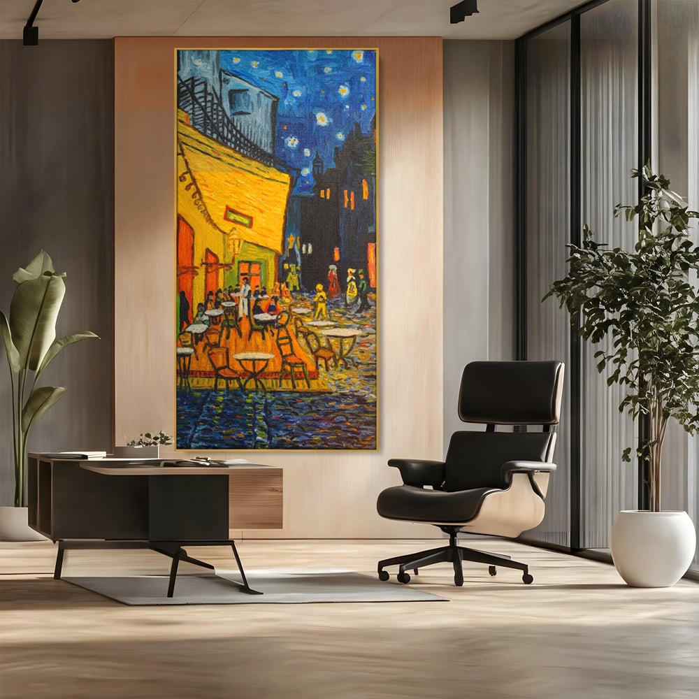 Tablou canvas cu tablou canvas cu terasa unei cafenele noaptea, in rama de aluminiu auriu, pe perete intr-un birou