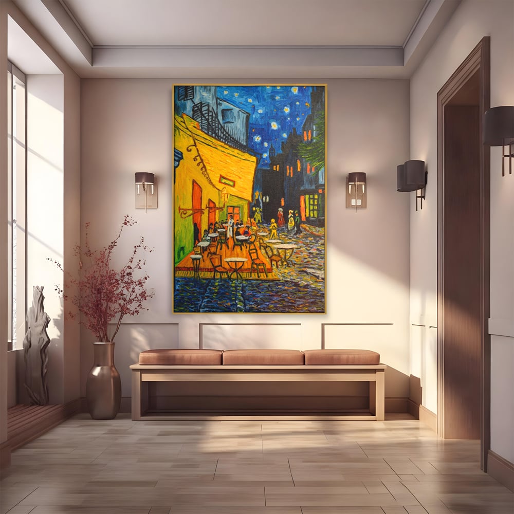 Tablou canvas cu tablou canvas cu terasa unei cafenele noaptea, in rama de aluminiu auriu