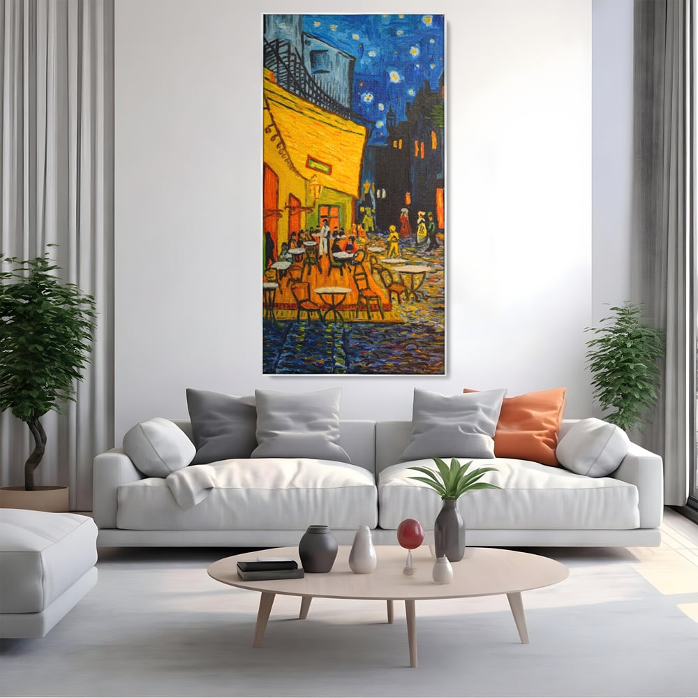 Tablou canvas cu tablou canvas cu terasa unei cafenele noaptea, in rama de aluminiu argintiu, pe perete intr-un living