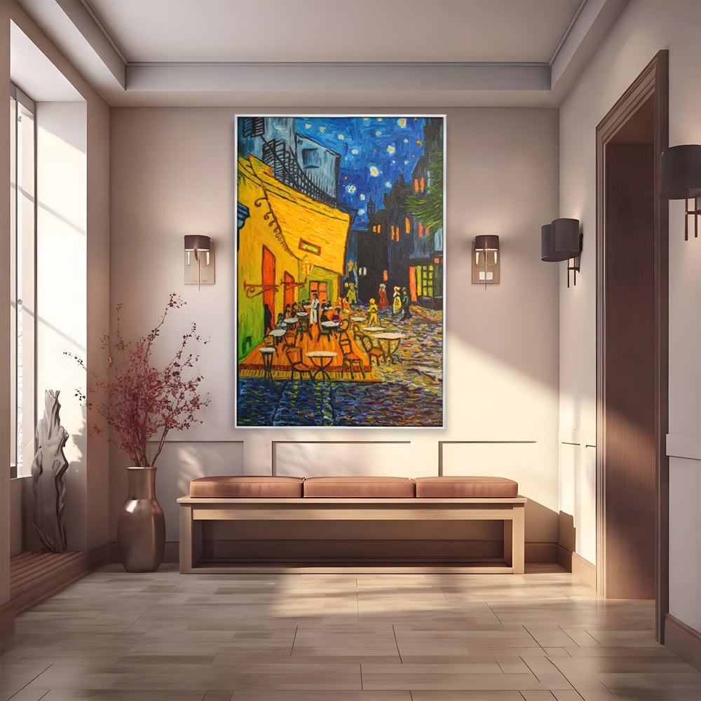 Tablou canvas cu tablou canvas cu terasa unei cafenele noaptea, in rama de aluminiu argintiu