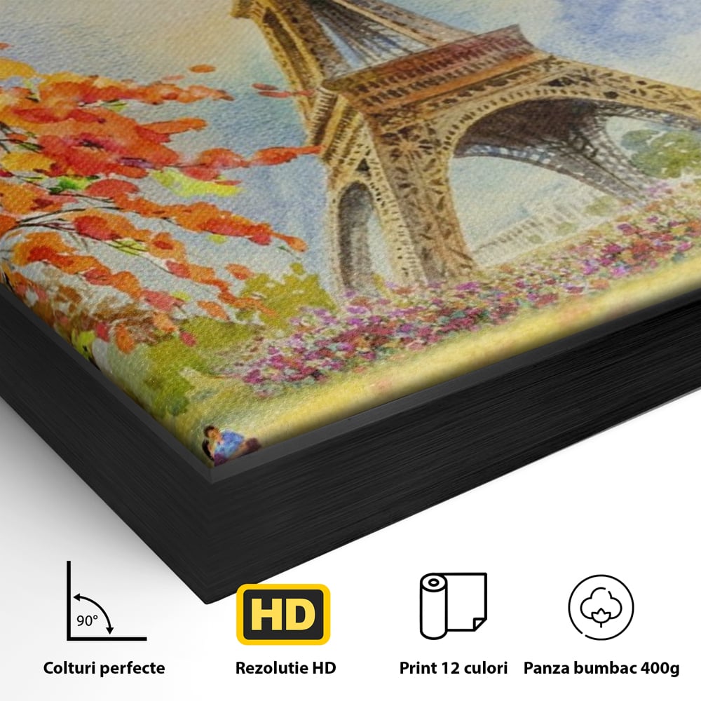Detaliu al suprafetei: pictura cu turnul eiffel si indragostiti, in rama de aluminiu negru