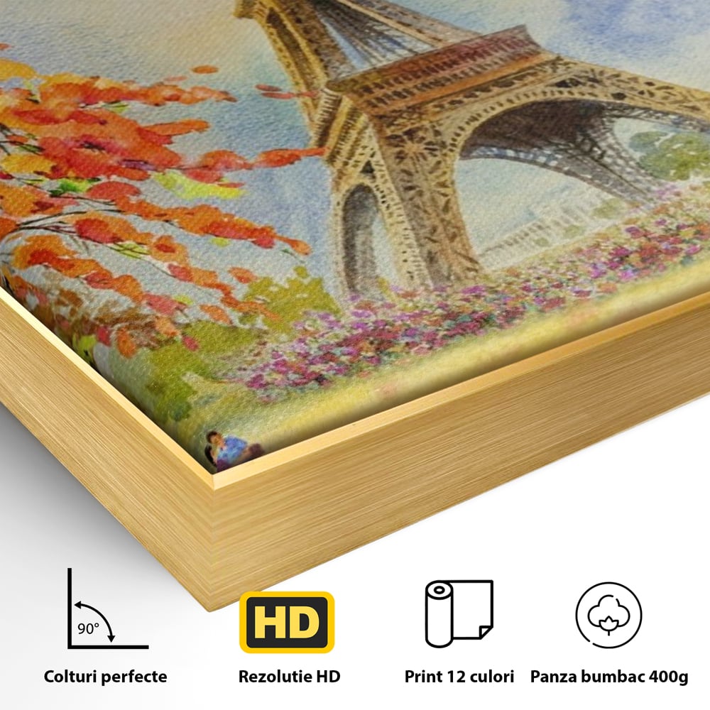 Detaliu al suprafetei: pictura cu turnul eiffel si indragostiti, in rama de aluminiu auriu