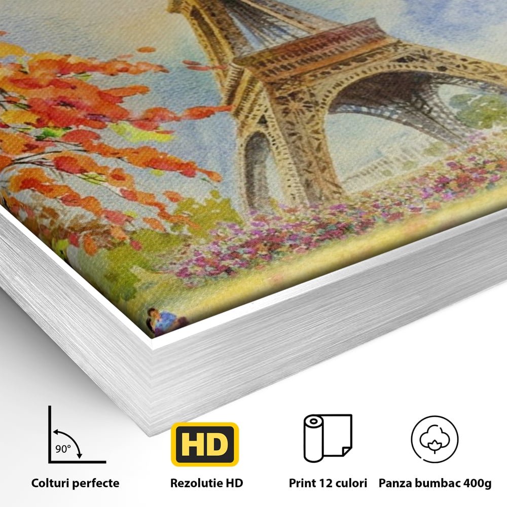Detaliu al suprafetei: pictura cu turnul eiffel si indragostiti, in rama de aluminiu argintiu