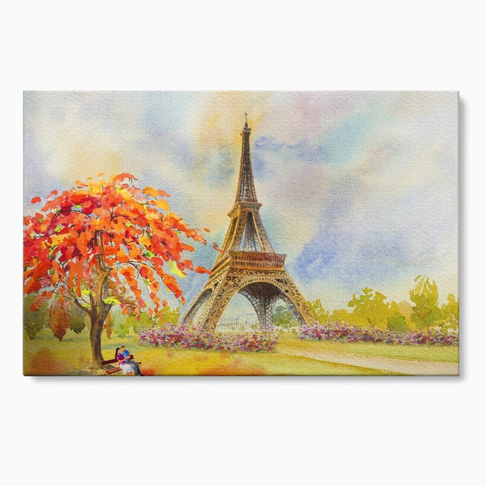 Tablou canvas cu pictura cu turnul eiffel si indragostiti, fara rama, pe sasiu de lemn