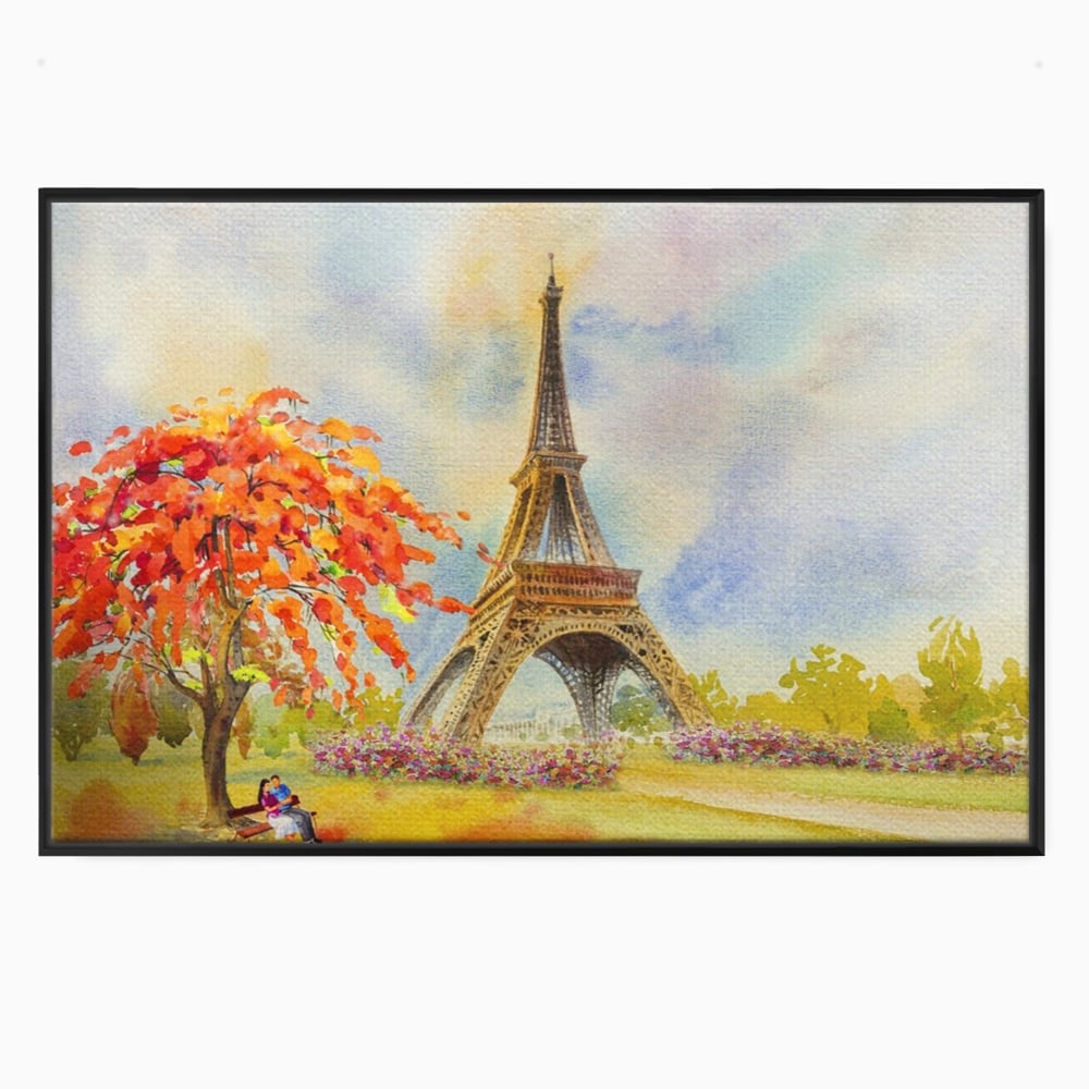 Tablou canvas cu pictura cu turnul eiffel si indragostiti, in rama de aluminiu negru