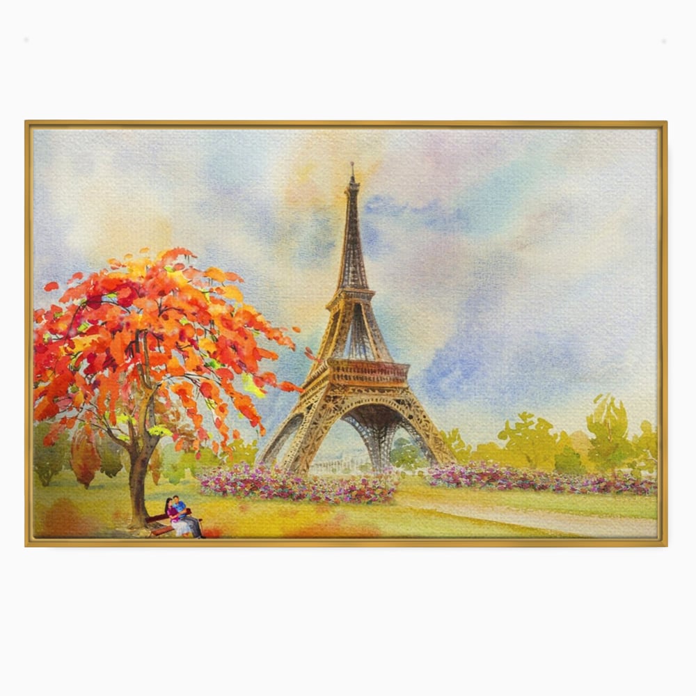 Tablou canvas cu pictura cu turnul eiffel si indragostiti, in rama de aluminiu auriu