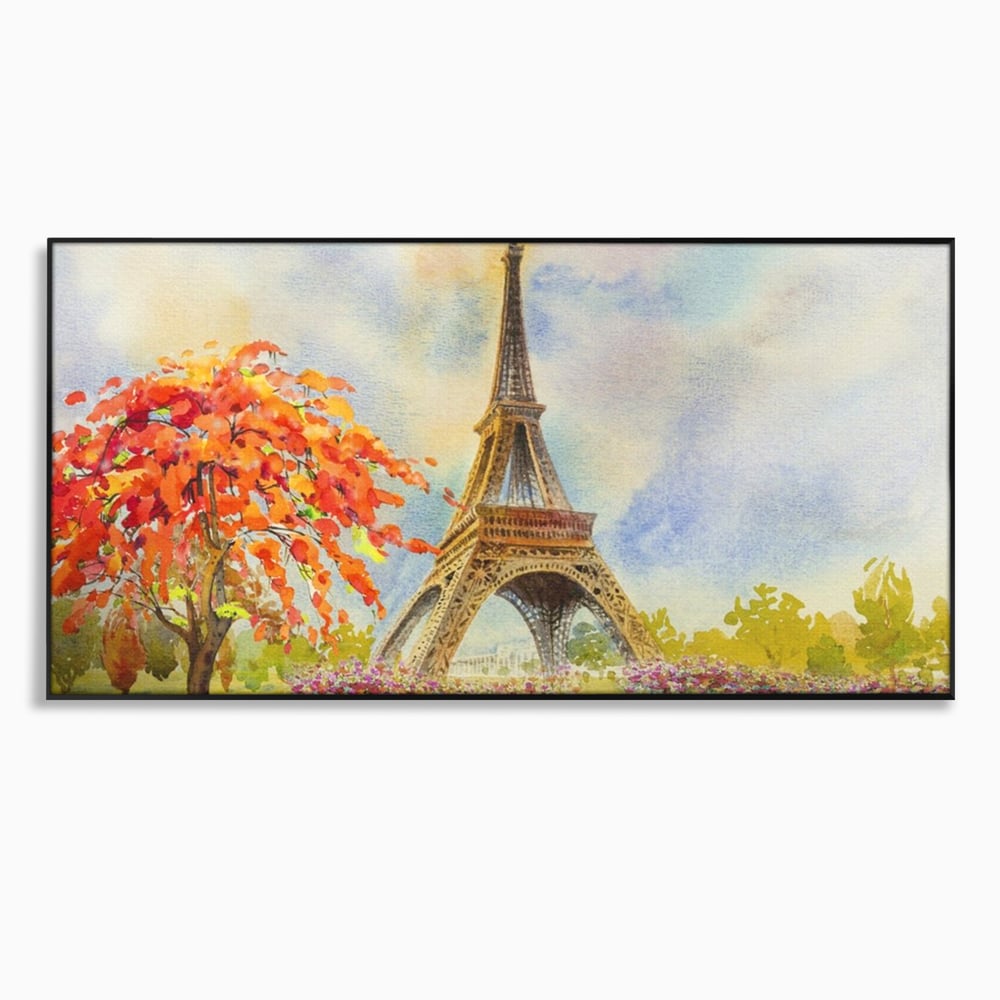 Tablou canvas cu pictura cu turnul eiffel si indragostiti, in rama de aluminiu negru