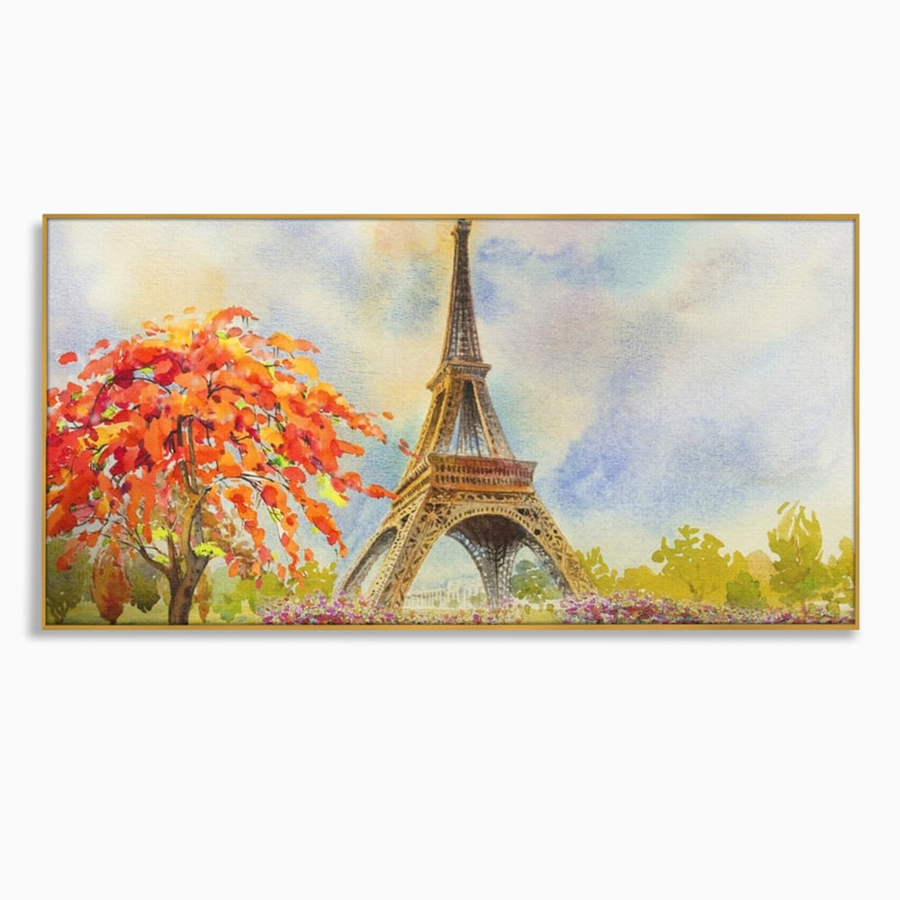 Tablou canvas cu pictura cu turnul eiffel si indragostiti, in rama de aluminiu auriu