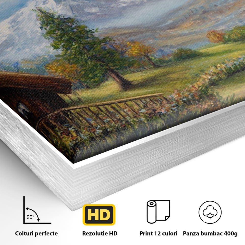 Detaliu al suprafetei: tablou canvas cu peisaj montan si cabana, in rama de aluminiu argintiu