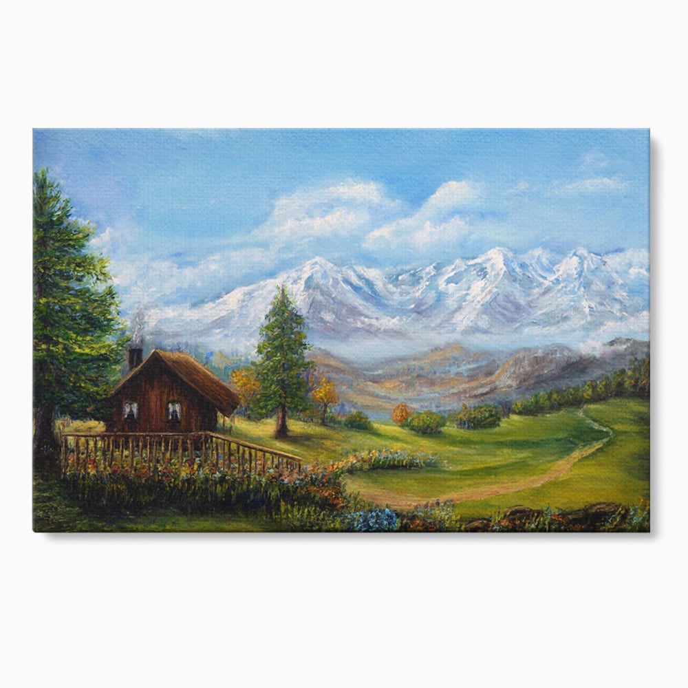 Tablou canvas cu tablou canvas cu peisaj montan si cabana, fara rama, pe sasiu de lemn