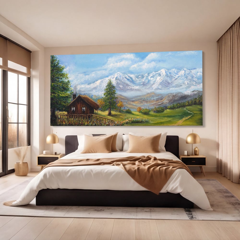 Tablou canvas cu tablou canvas cu peisaj montan si cabana, fara rama, pe sasiu de lemn, pe perete intr-un dormitor