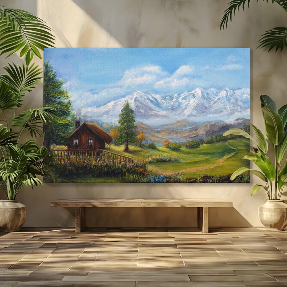 Tablou canvas cu tablou canvas cu peisaj montan si cabana, fara rama, pe sasiu de lemn
