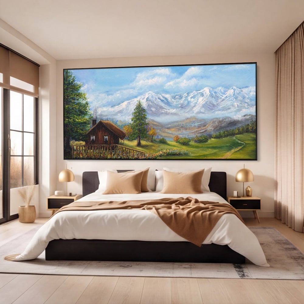 Tablou canvas cu tablou canvas cu peisaj montan si cabana, in rama de aluminiu negru, pe perete intr-un dormitor