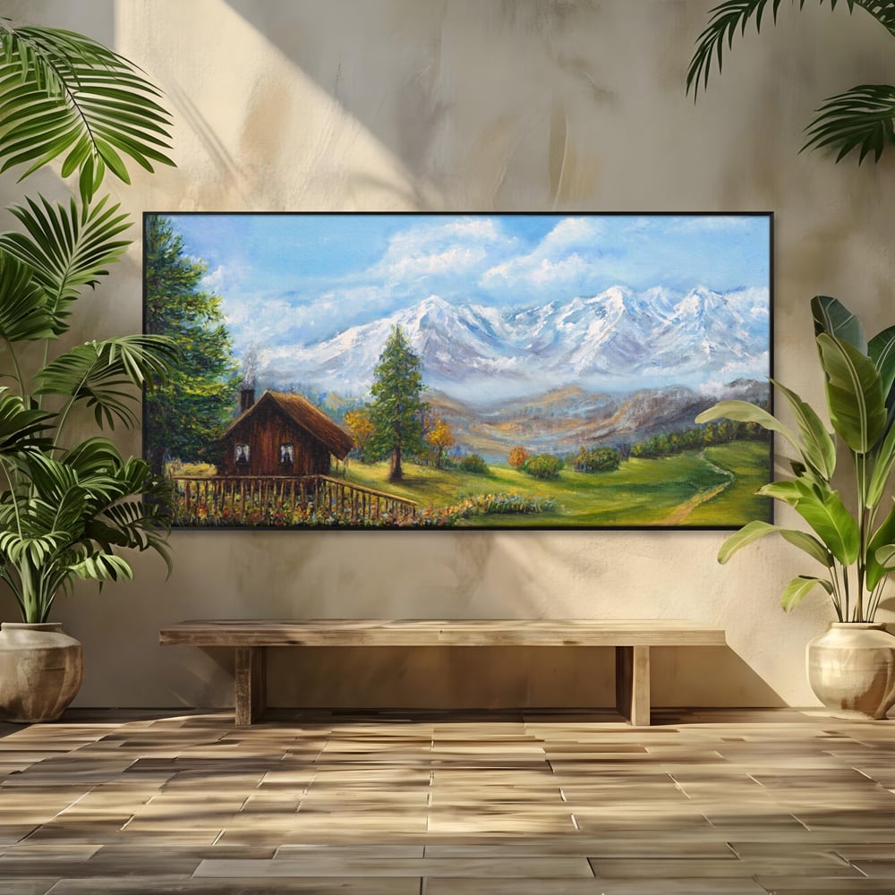 Tablou canvas cu tablou canvas cu peisaj montan si cabana, in rama de aluminiu negru