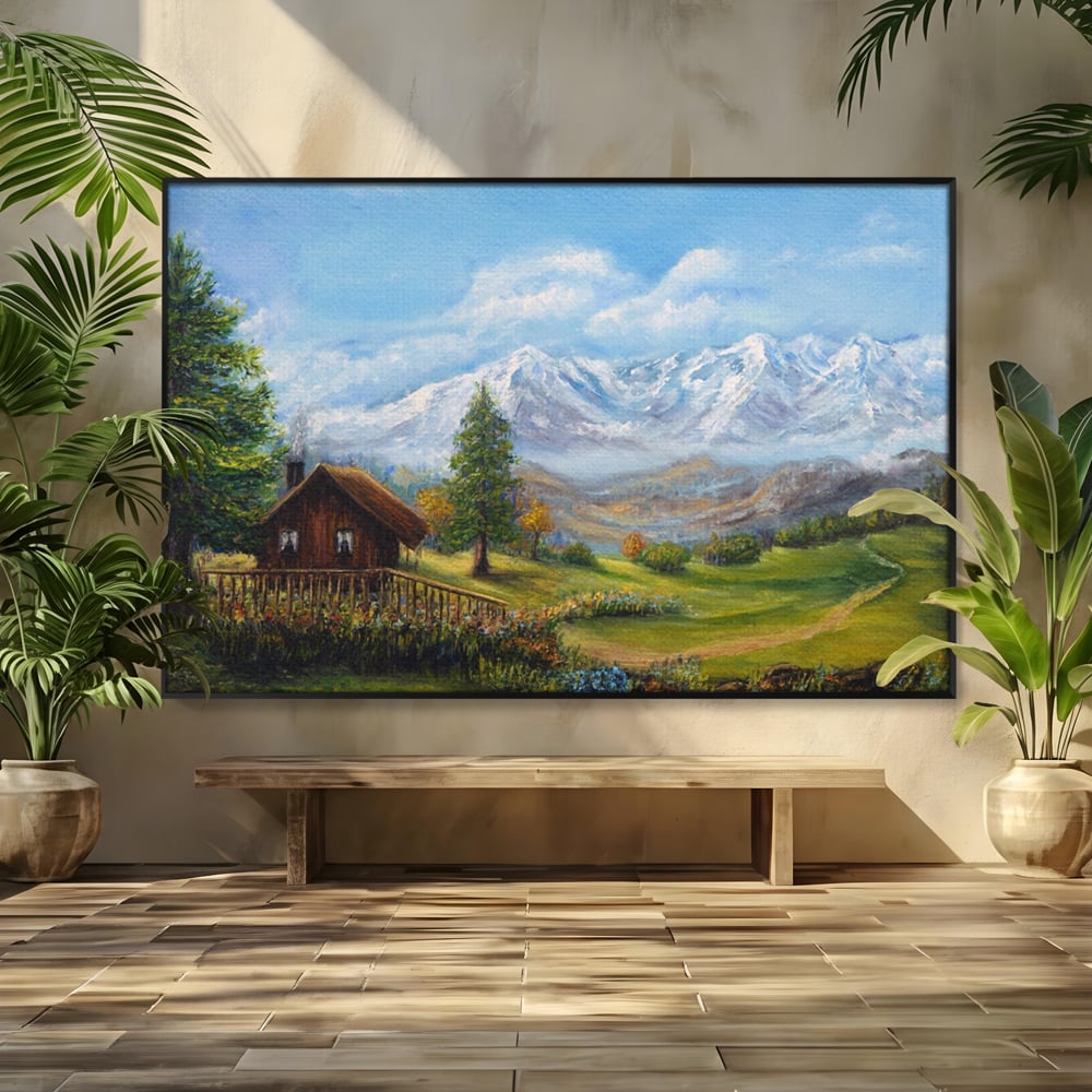 Tablou canvas cu tablou canvas cu peisaj montan si cabana, in rama de aluminiu negru
