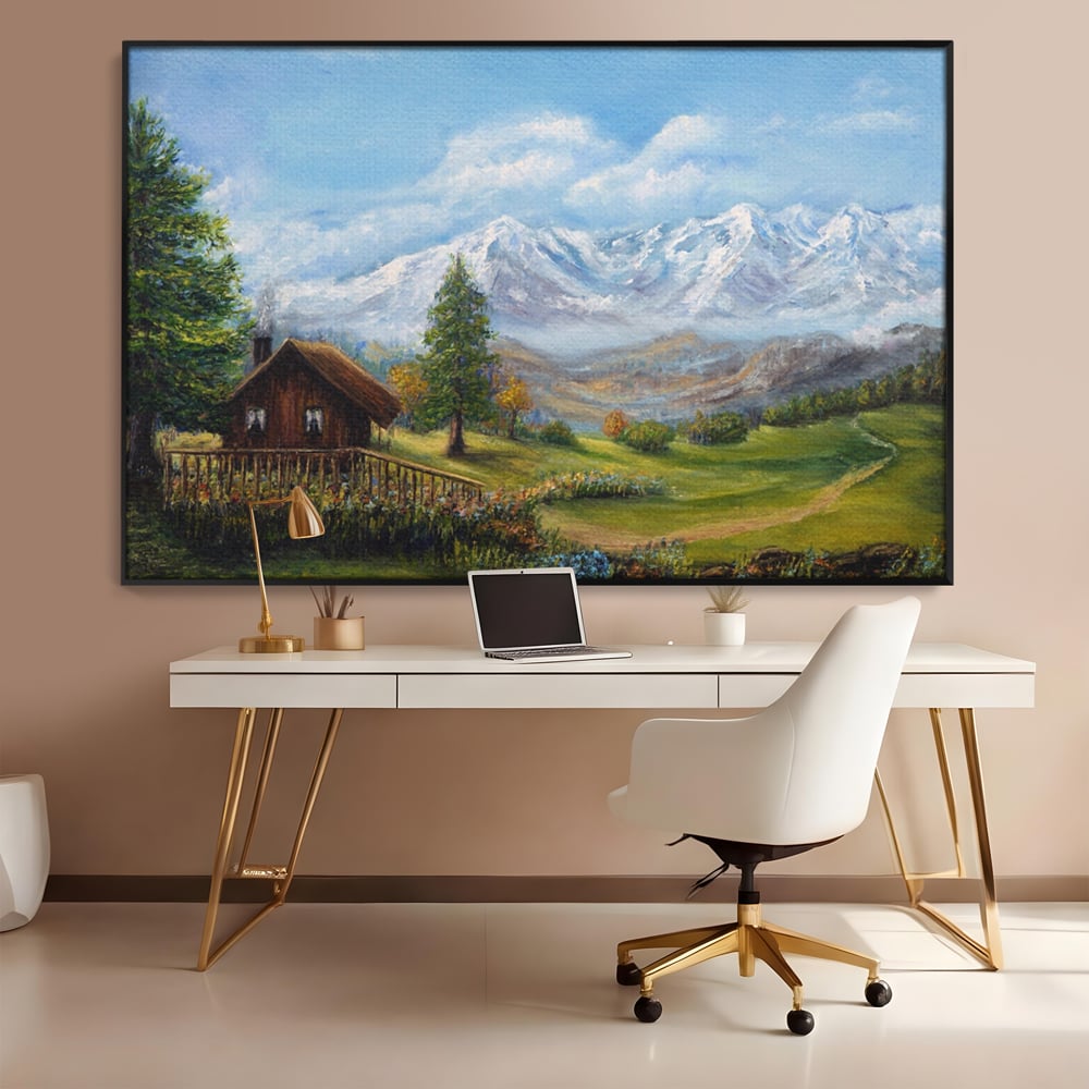 Tablou canvas cu tablou canvas cu peisaj montan si cabana, in rama de aluminiu negru, pe perete intr-un birou