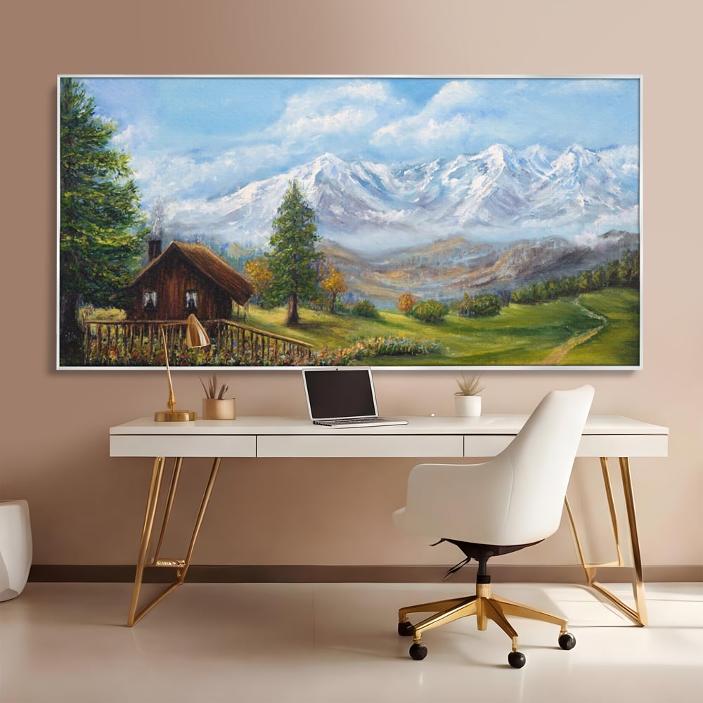 Tablou canvas cu tablou canvas cu peisaj montan si cabana, in rama de aluminiu argintiu, pe perete intr-un birou