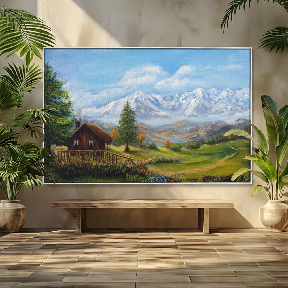 Tablou canvas cu tablou canvas cu peisaj montan si cabana, in rama de aluminiu argintiu