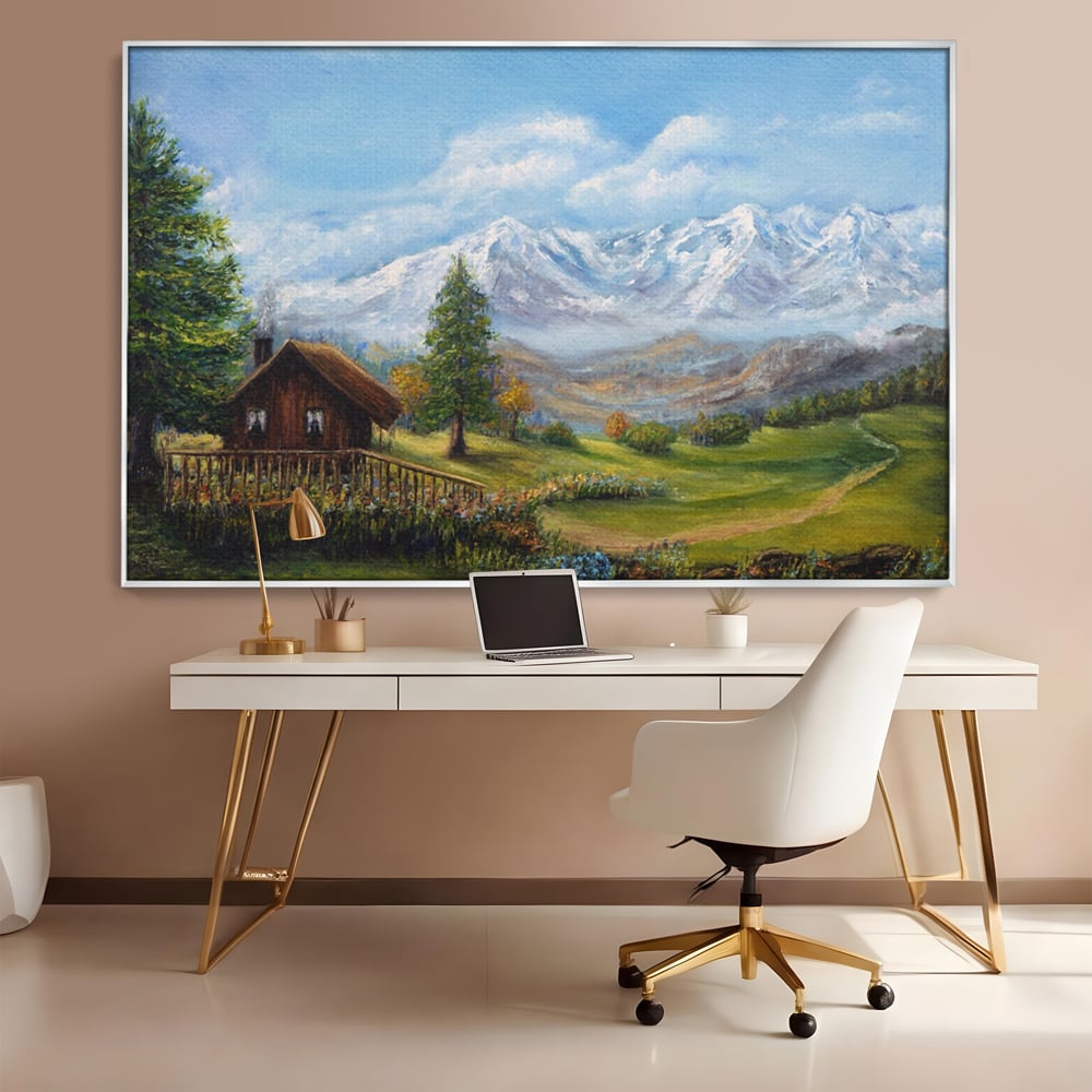 Tablou canvas cu tablou canvas cu peisaj montan si cabana, in rama de aluminiu argintiu, pe perete intr-un birou