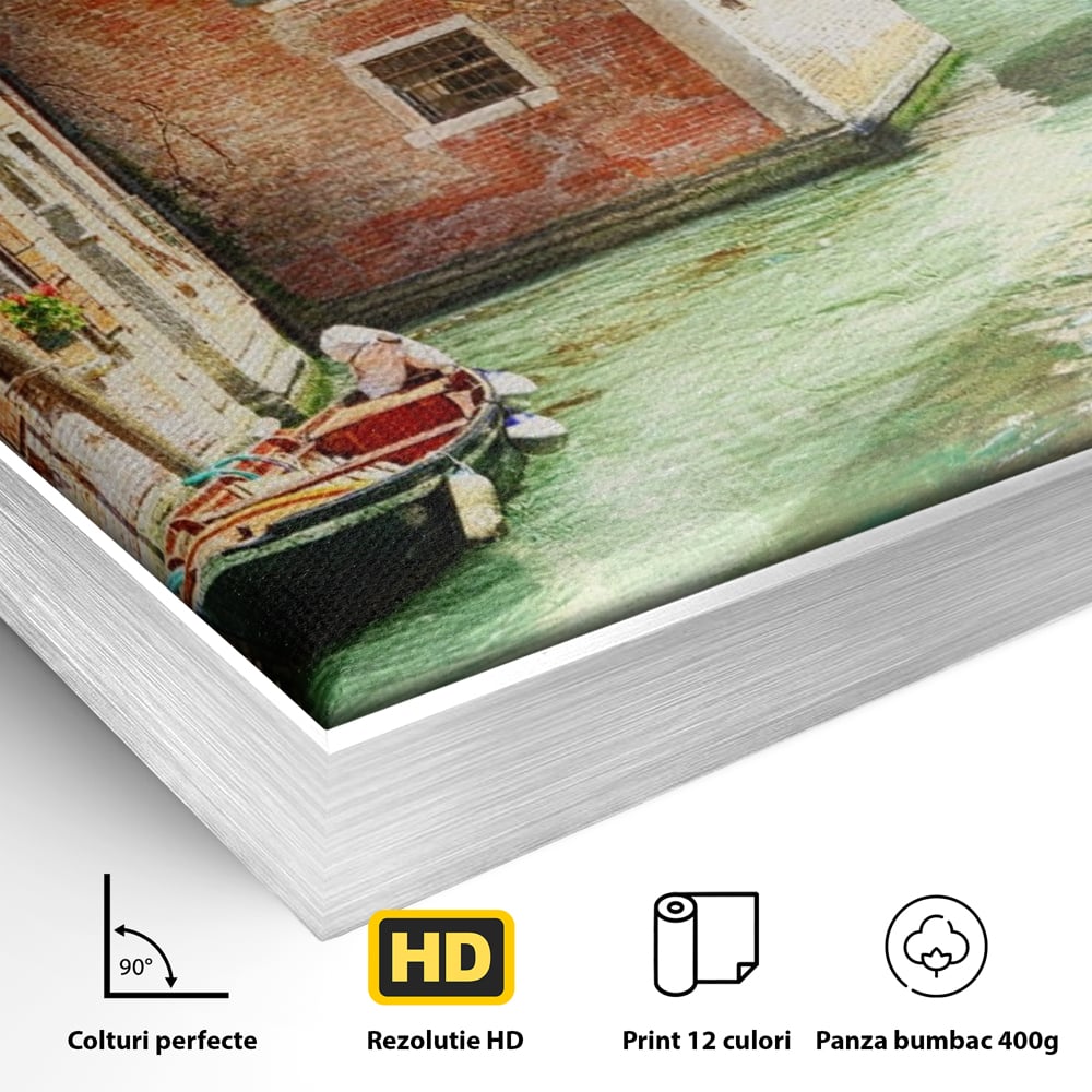 Detaliu al suprafetei: tablou canvas cu peisaj din venetia, in rama de aluminiu argintiu