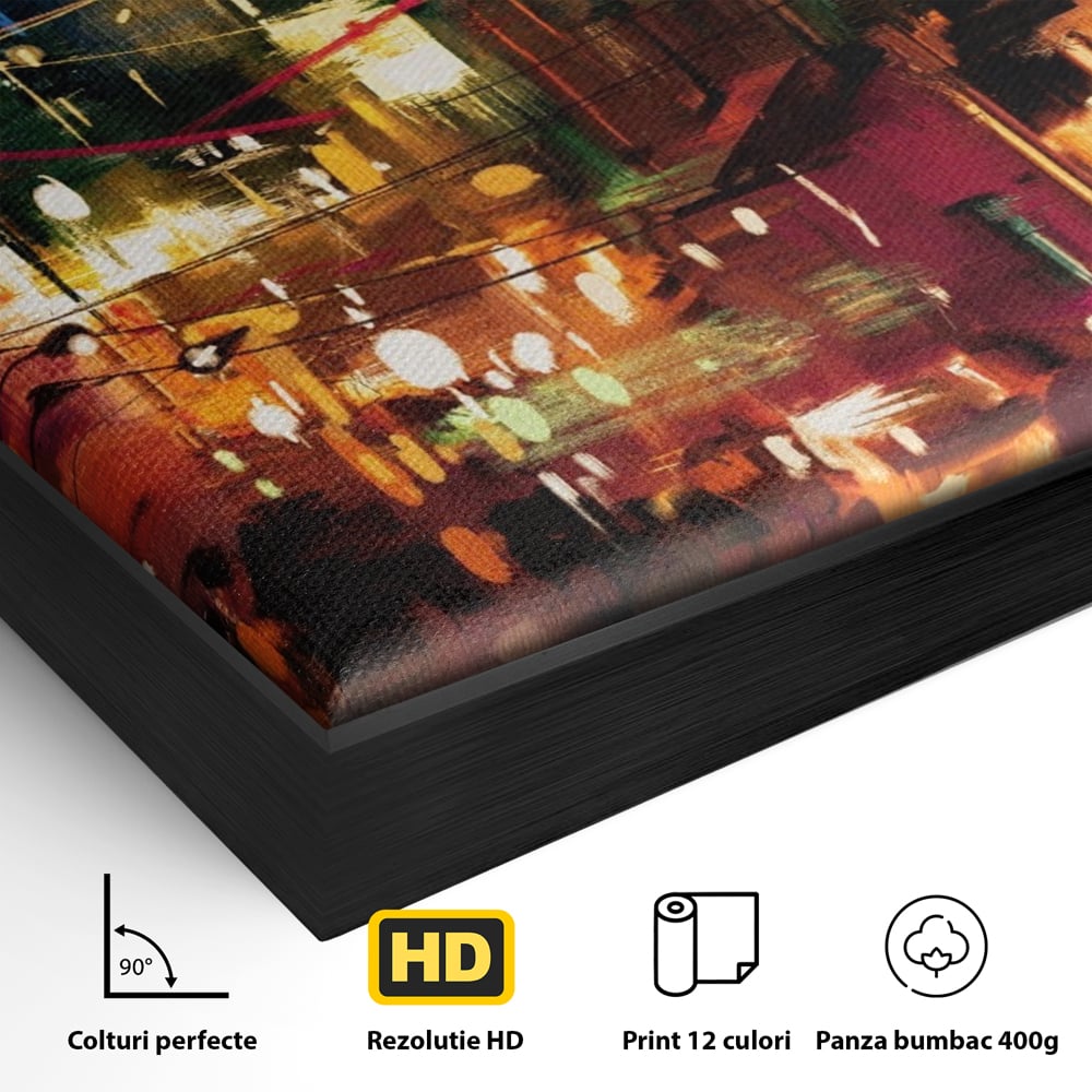 Detaliu al suprafetei: tablou canvas cu peisaj urban nocturn, in rama de aluminiu negru