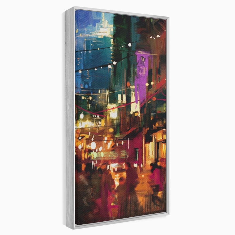 Tablou canvas cu tablou canvas cu peisaj urban nocturn, in rama de aluminiu argintiu