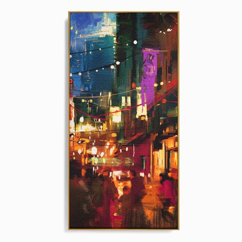 Tablou canvas cu tablou canvas cu peisaj urban nocturn, in rama de aluminiu auriu