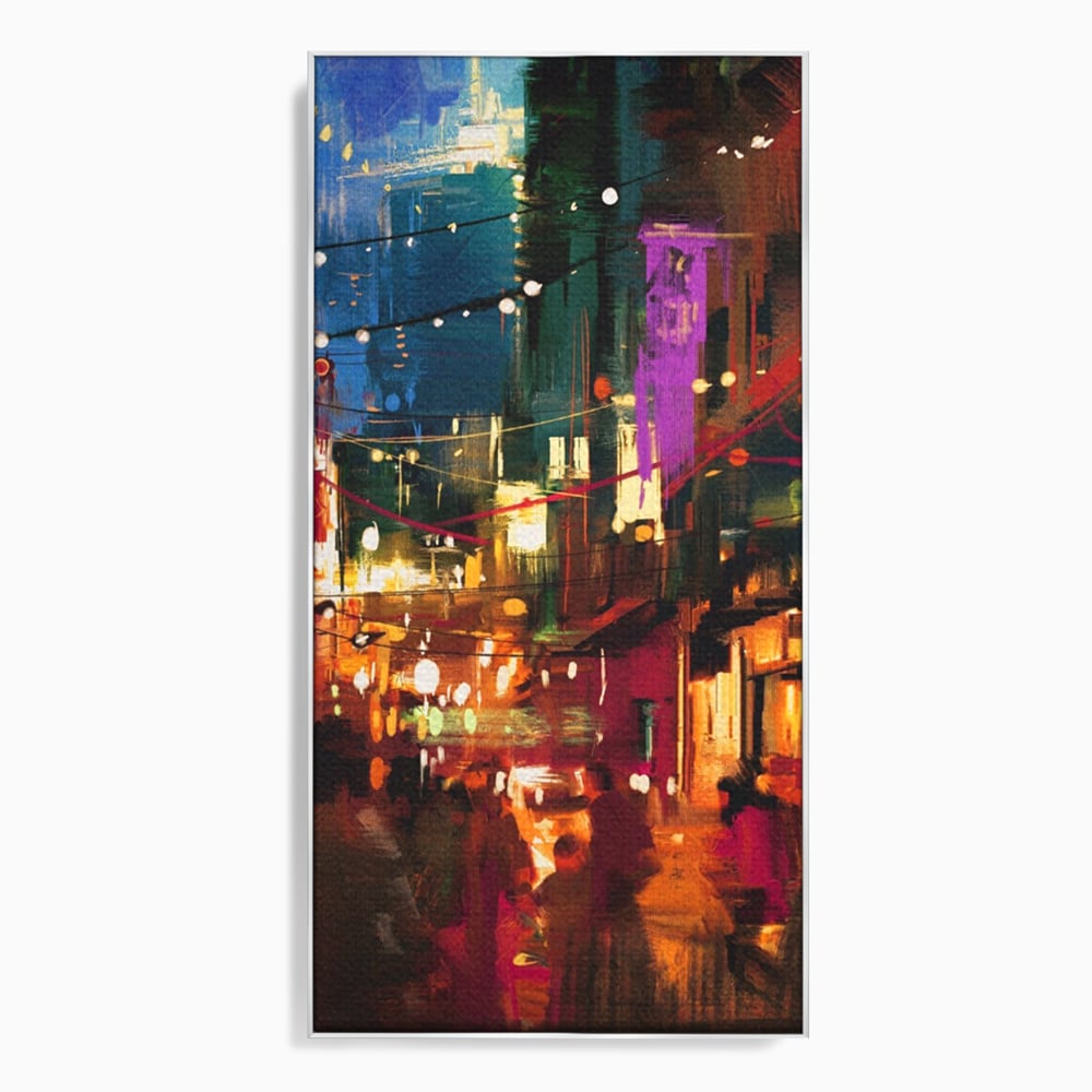 Tablou canvas cu tablou canvas cu peisaj urban nocturn, in rama de aluminiu argintiu