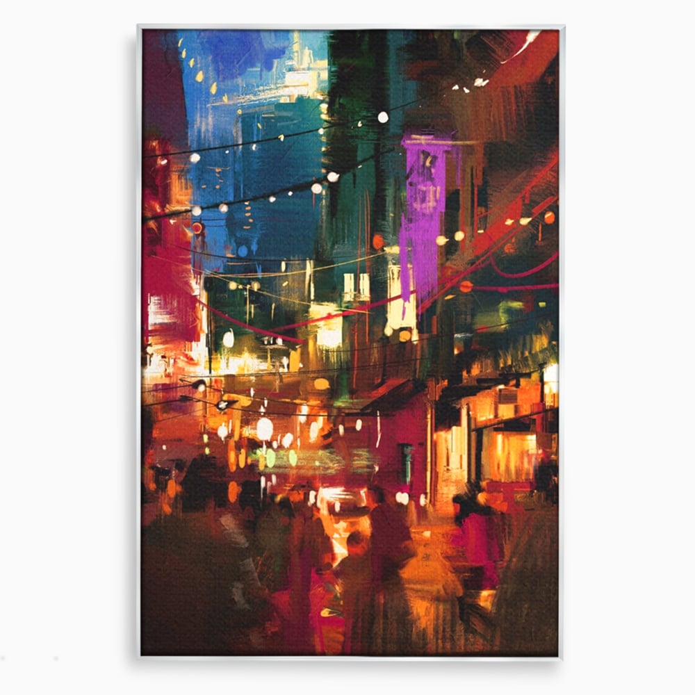 Tablou canvas cu tablou canvas cu peisaj urban nocturn, in rama de aluminiu argintiu