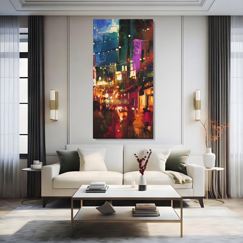 Tablou canvas cu tablou canvas cu peisaj urban nocturn, fara rama, pe sasiu de lemn, pe perete intr-un living