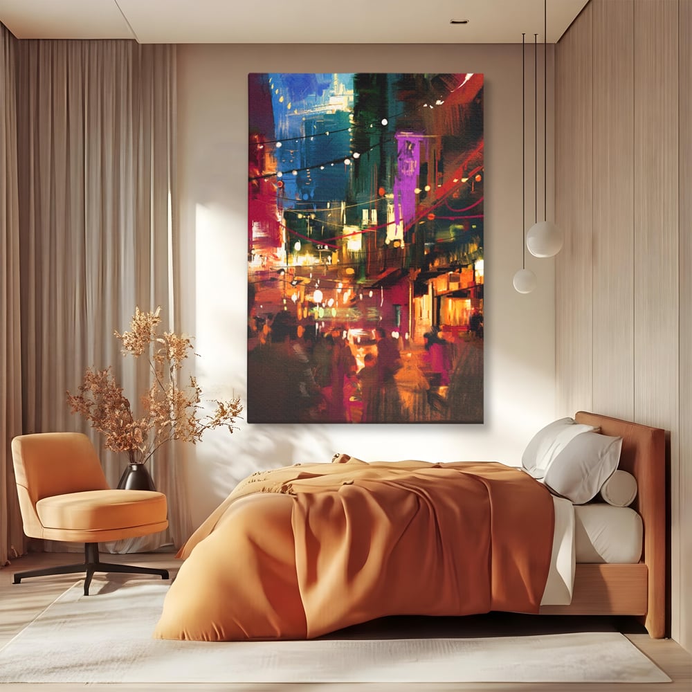 Tablou canvas cu tablou canvas cu peisaj urban nocturn, fara rama, pe sasiu de lemn, pe perete intr-un dormitor