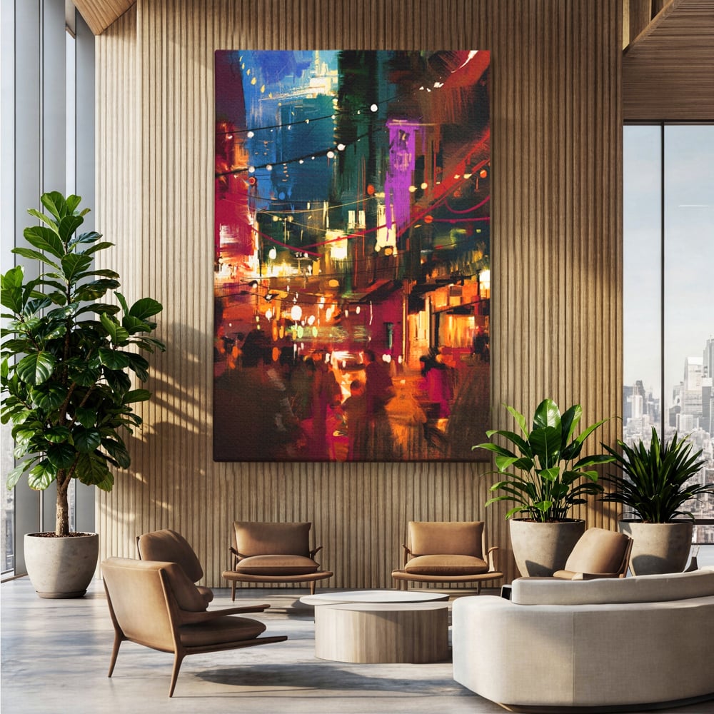 Tablou canvas cu tablou canvas cu peisaj urban nocturn, fara rama, pe sasiu de lemn, pe perete intr-un birou