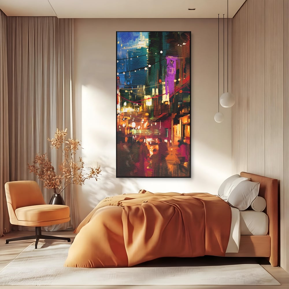 Tablou canvas cu tablou canvas cu peisaj urban nocturn, in rama de aluminiu negru, pe perete intr-un dormitor