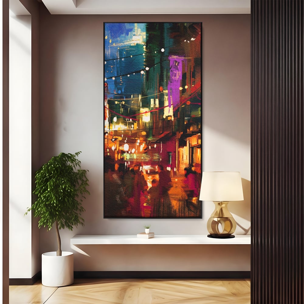 Tablou canvas cu tablou canvas cu peisaj urban nocturn, in rama de aluminiu negru