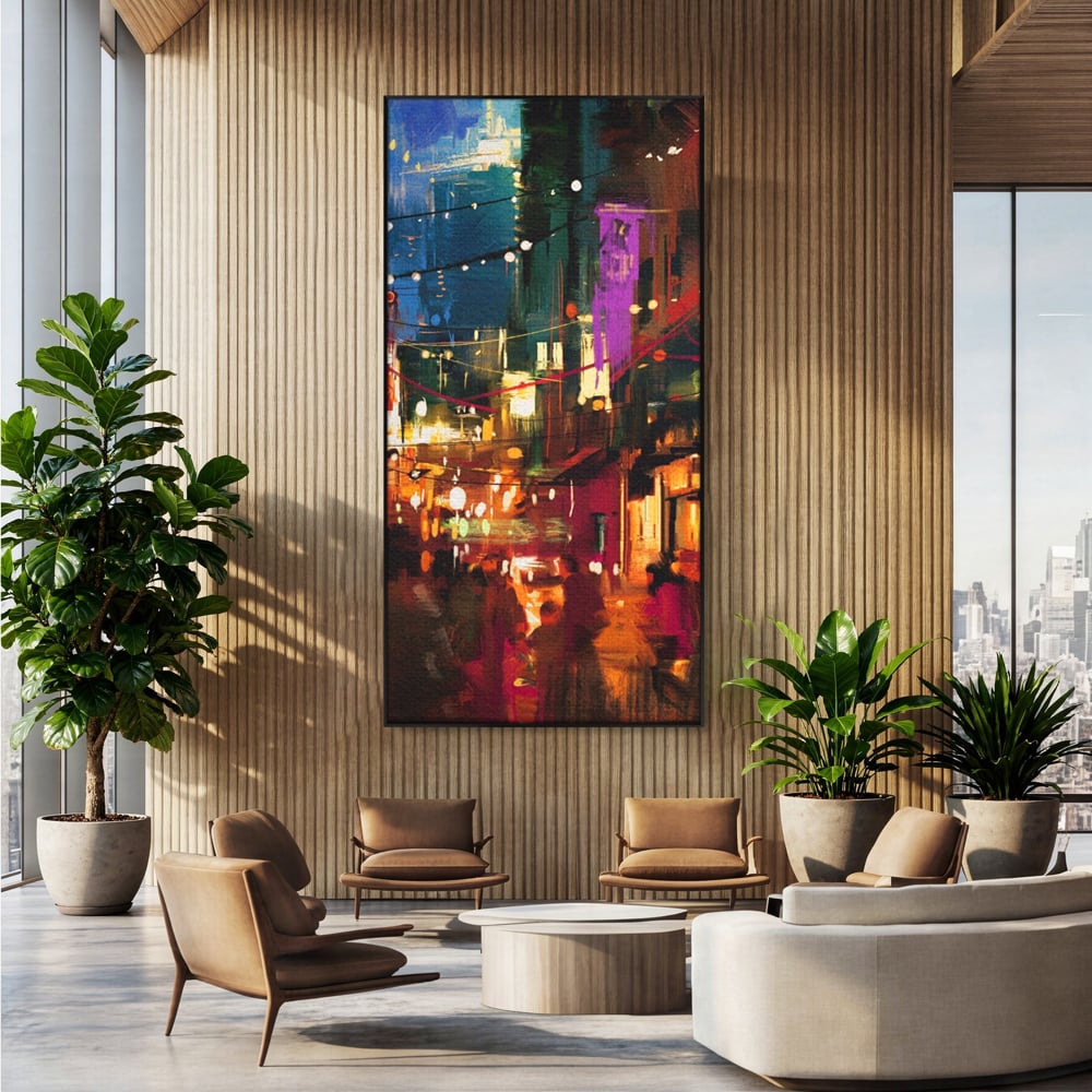 Tablou canvas cu tablou canvas cu peisaj urban nocturn, in rama de aluminiu negru, pe perete intr-un birou